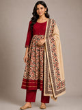 Women's Maroon & Beige Soft Silk Printed Anarkali Kurta Set with Dupatta | 3-Piece Ethnic Suit