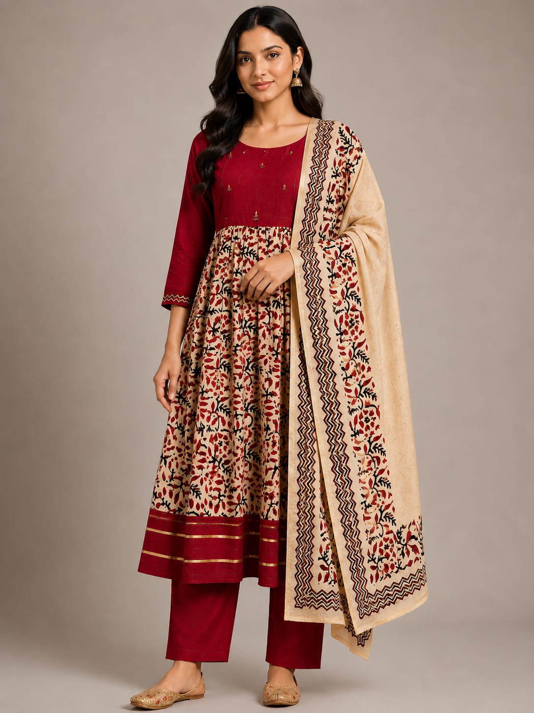 Women's Maroon & Beige Soft Silk Printed Anarkali Kurta Set with Dupatta | 3-Piece Ethnic Suit