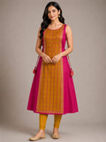 Women's Pink & Mustard Soft Silk Sleeveless A-Line Kurta