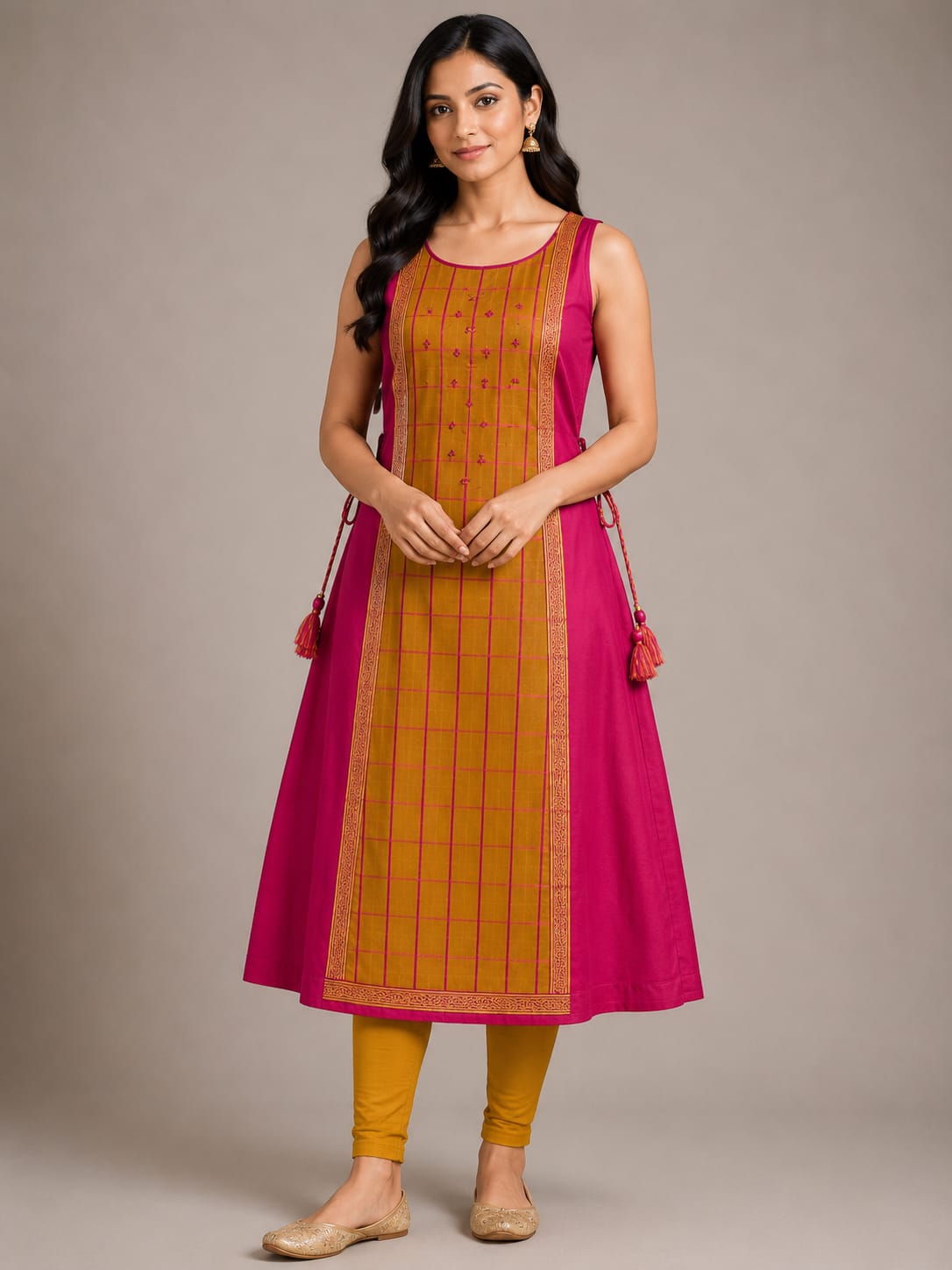 Women's Pink & Mustard Soft Silk Sleeveless A-Line Kurta