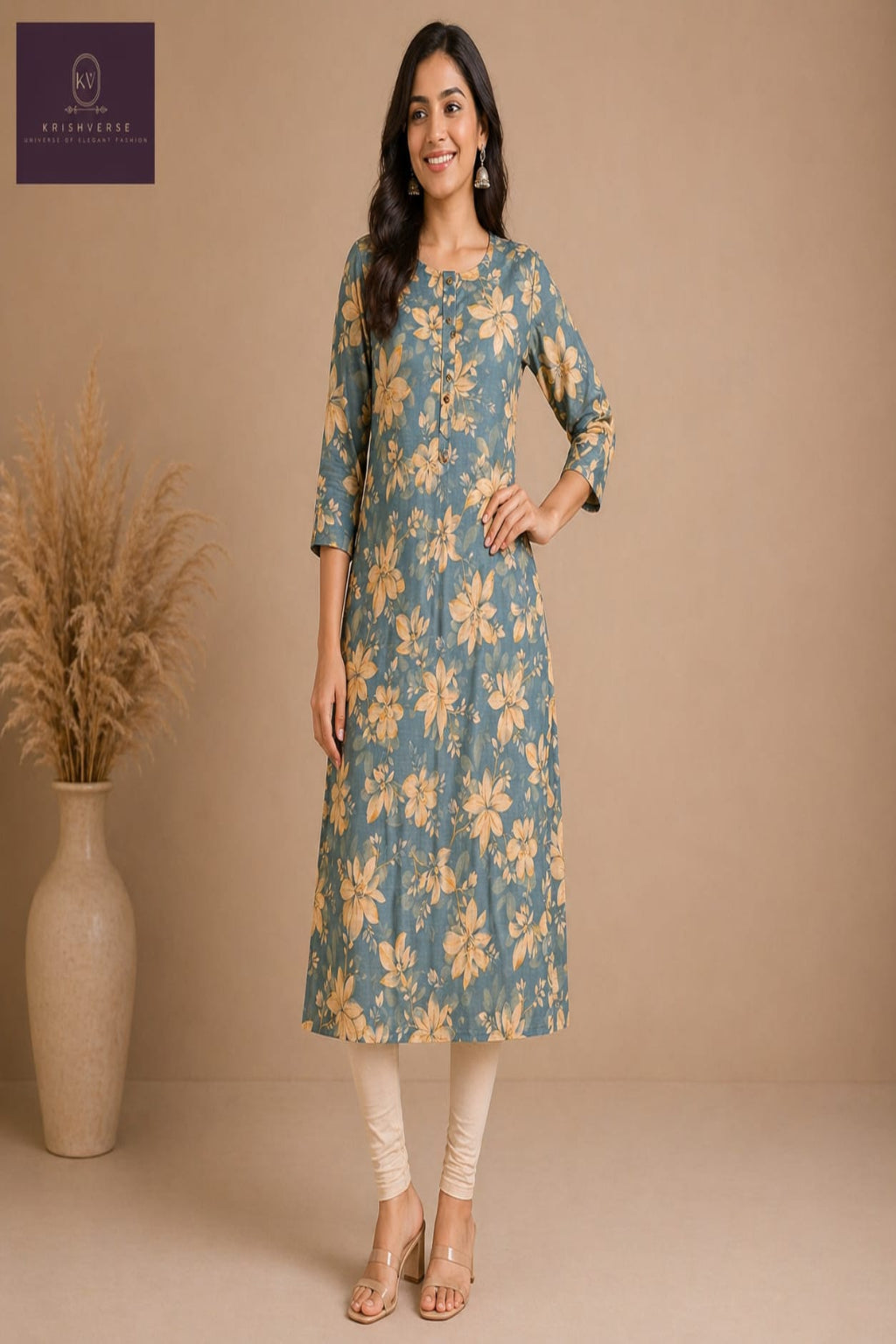 Slate Blue Floral Printed A-Line Kurta