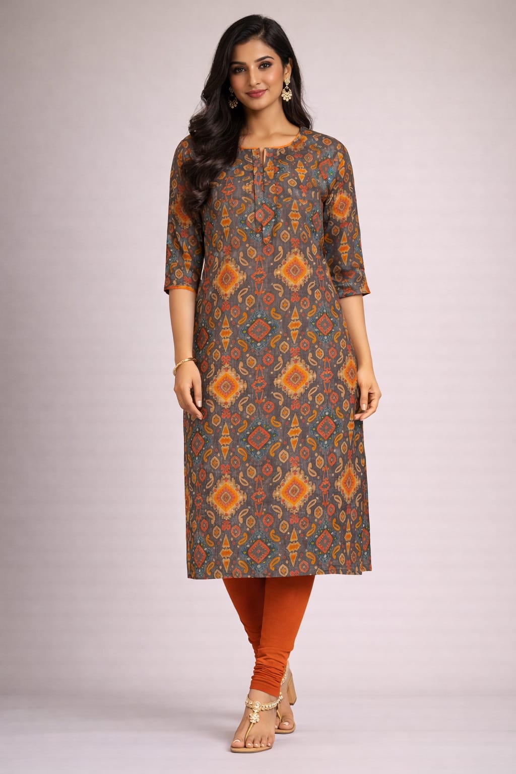 Brown & Rust Printed Straight Kurta