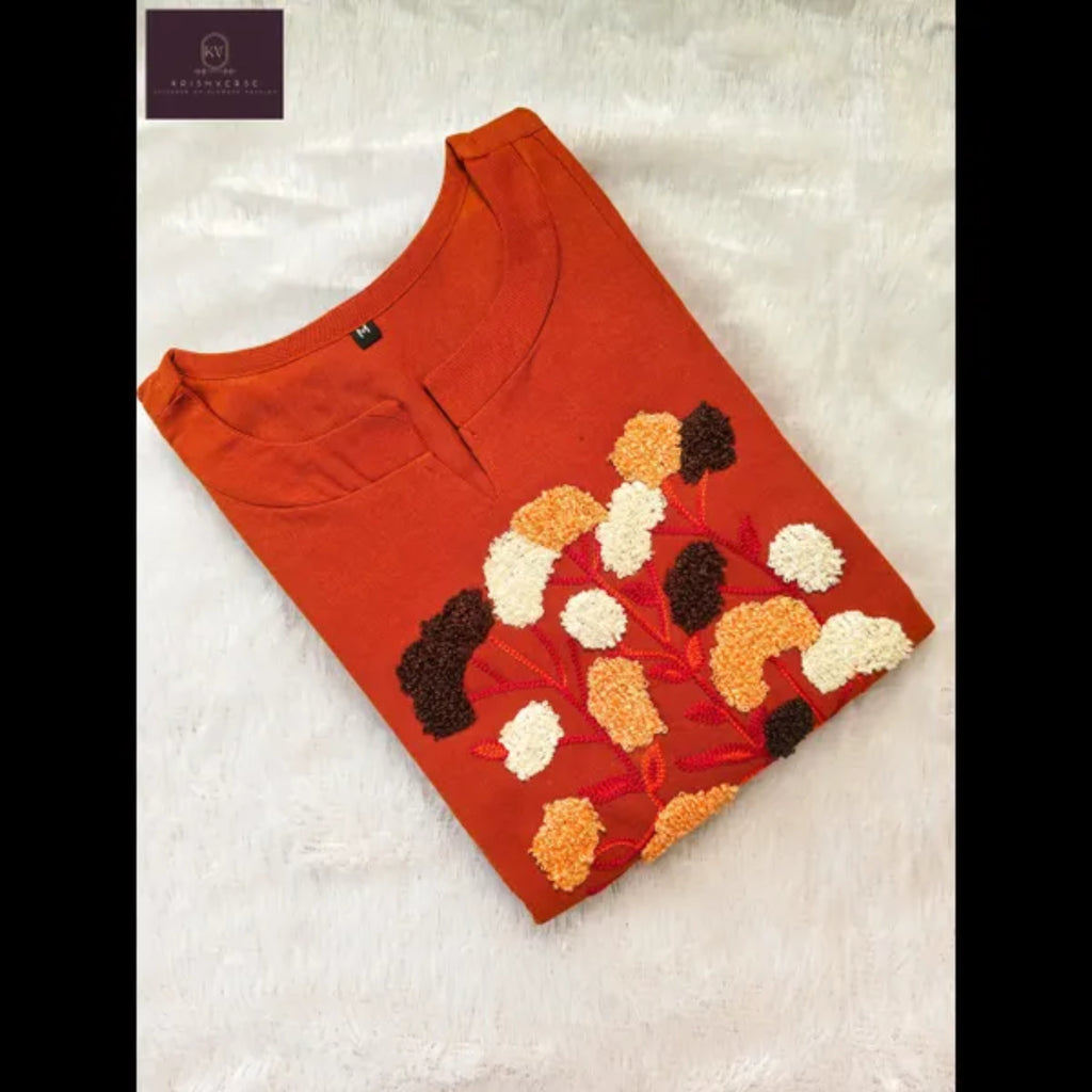 Rust Orange Floral 4D Effect Embroidered Kurta Set (Elegant Workwear)