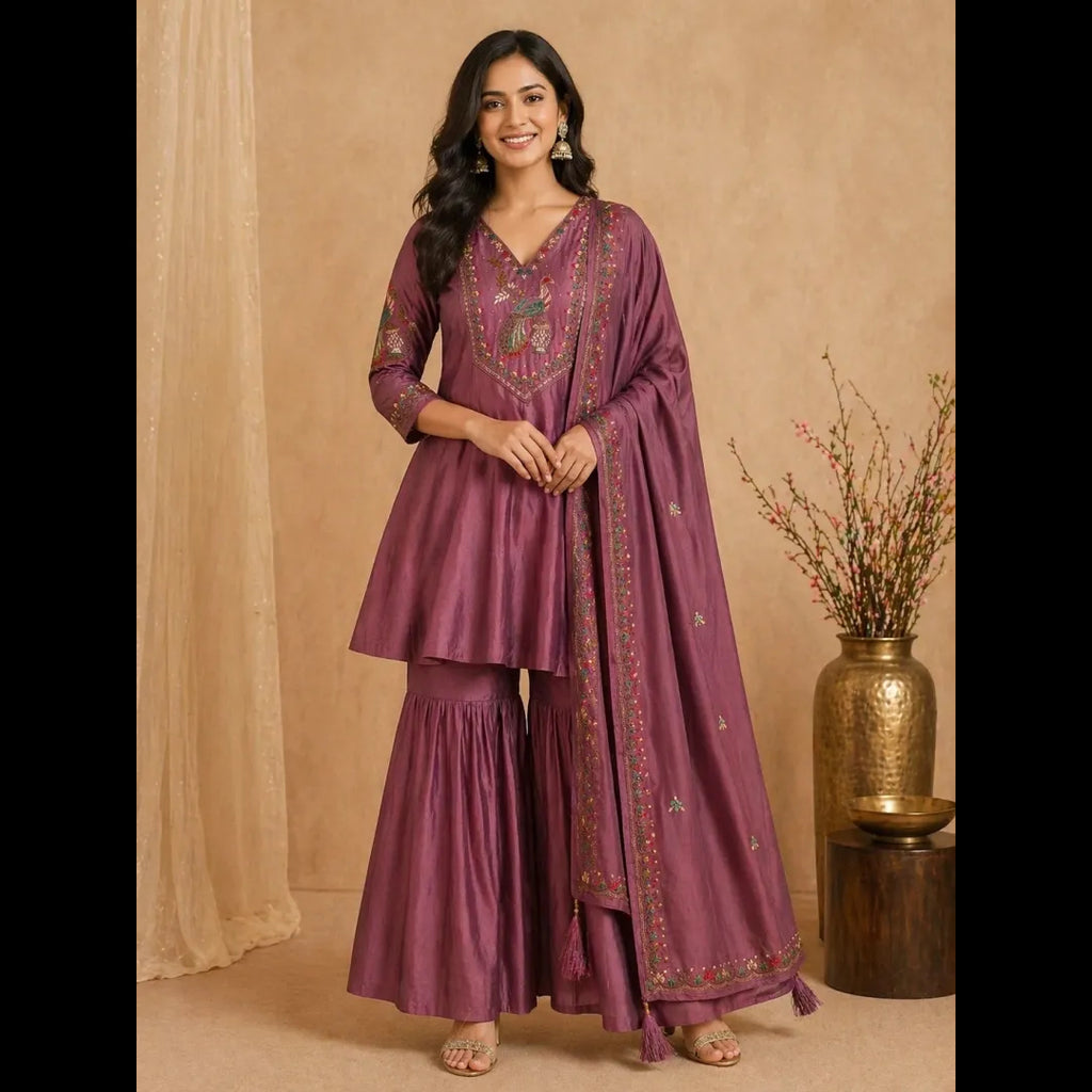Lavender Embroidered Kurta Set with Dupatta (Festive / Occasion Wear)
