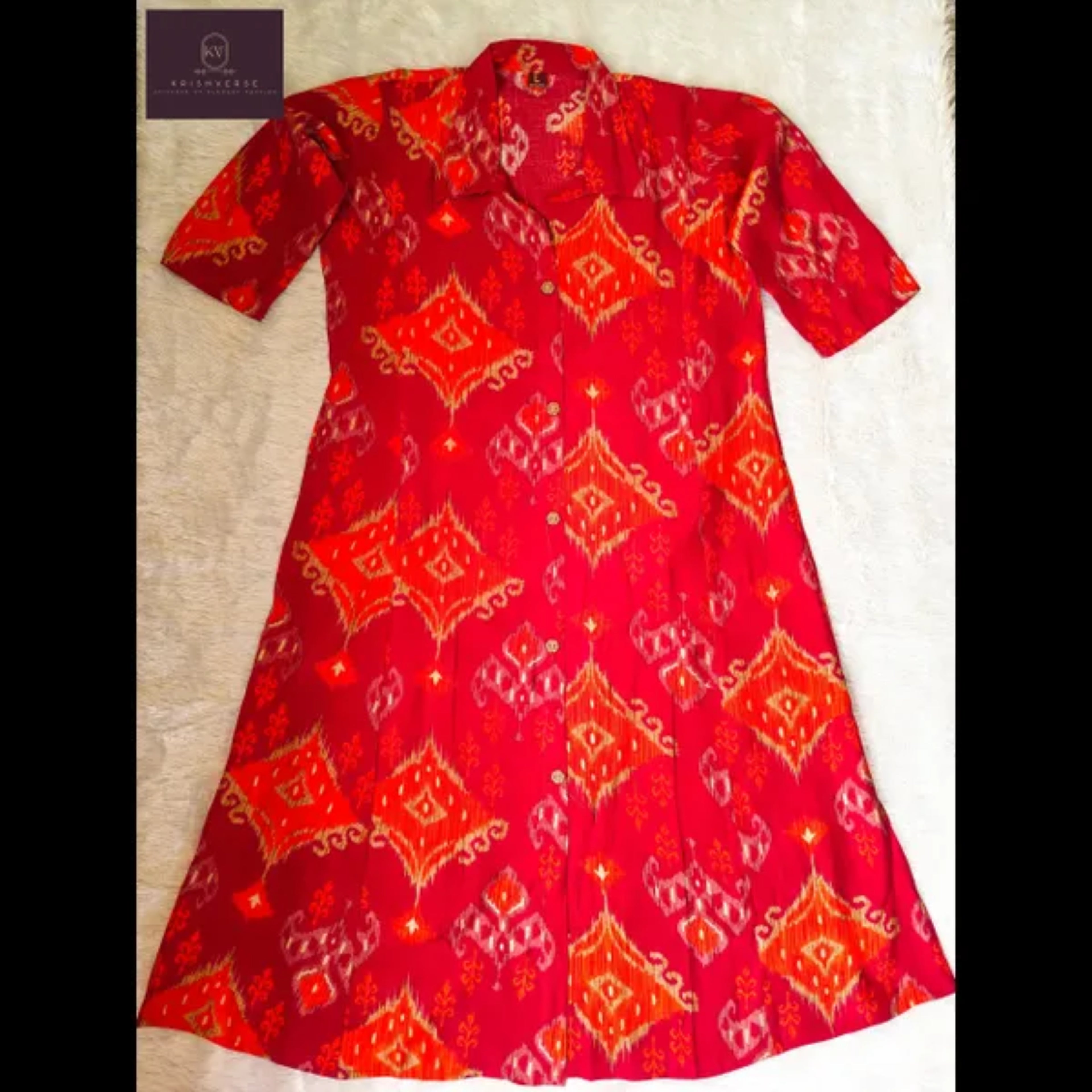 Red & Orange Ikat Print A-Line Kurta Set for Women – Premium Ethnic Wear