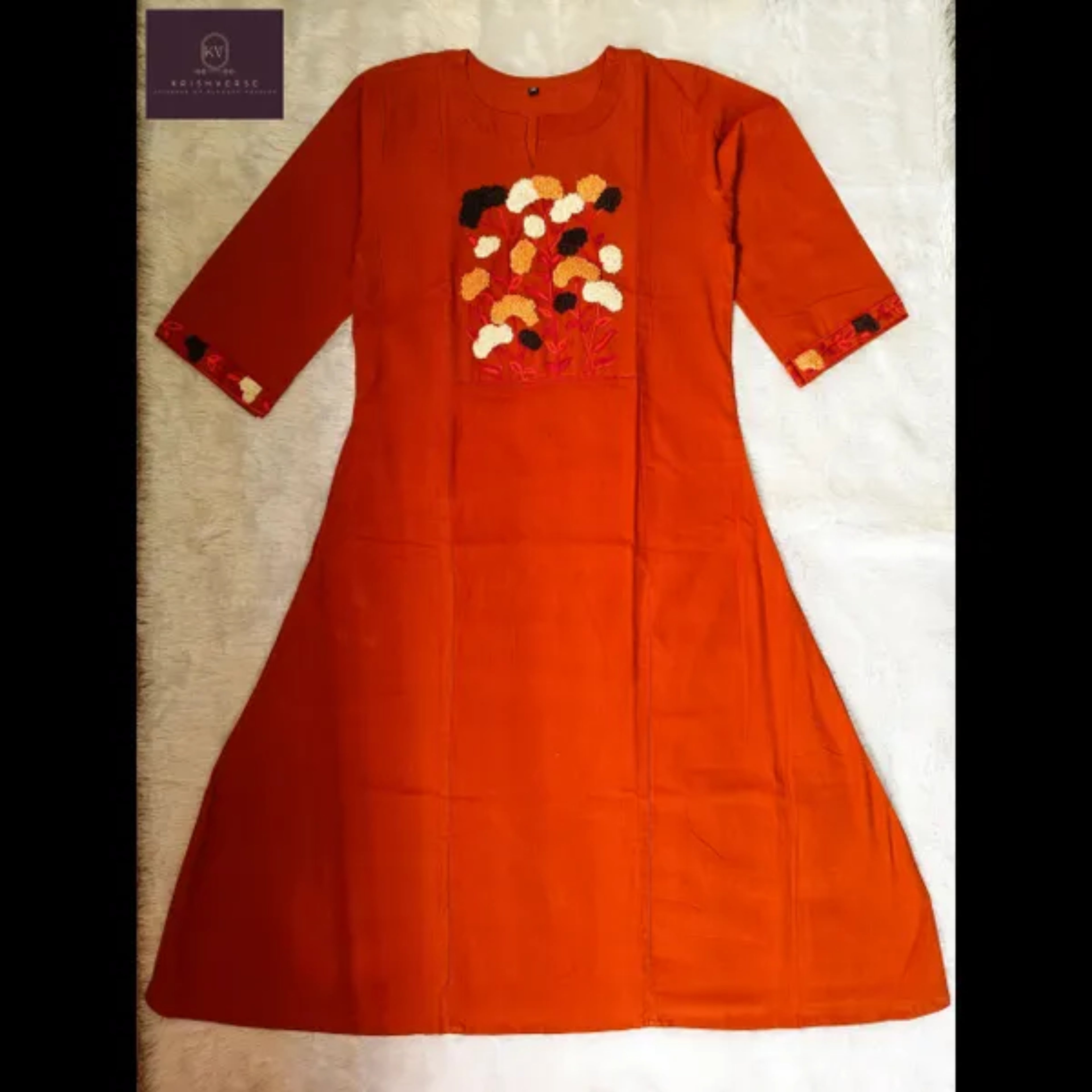Rust Orange Floral 4D Effect Embroidered Kurta Set (Elegant Workwear)