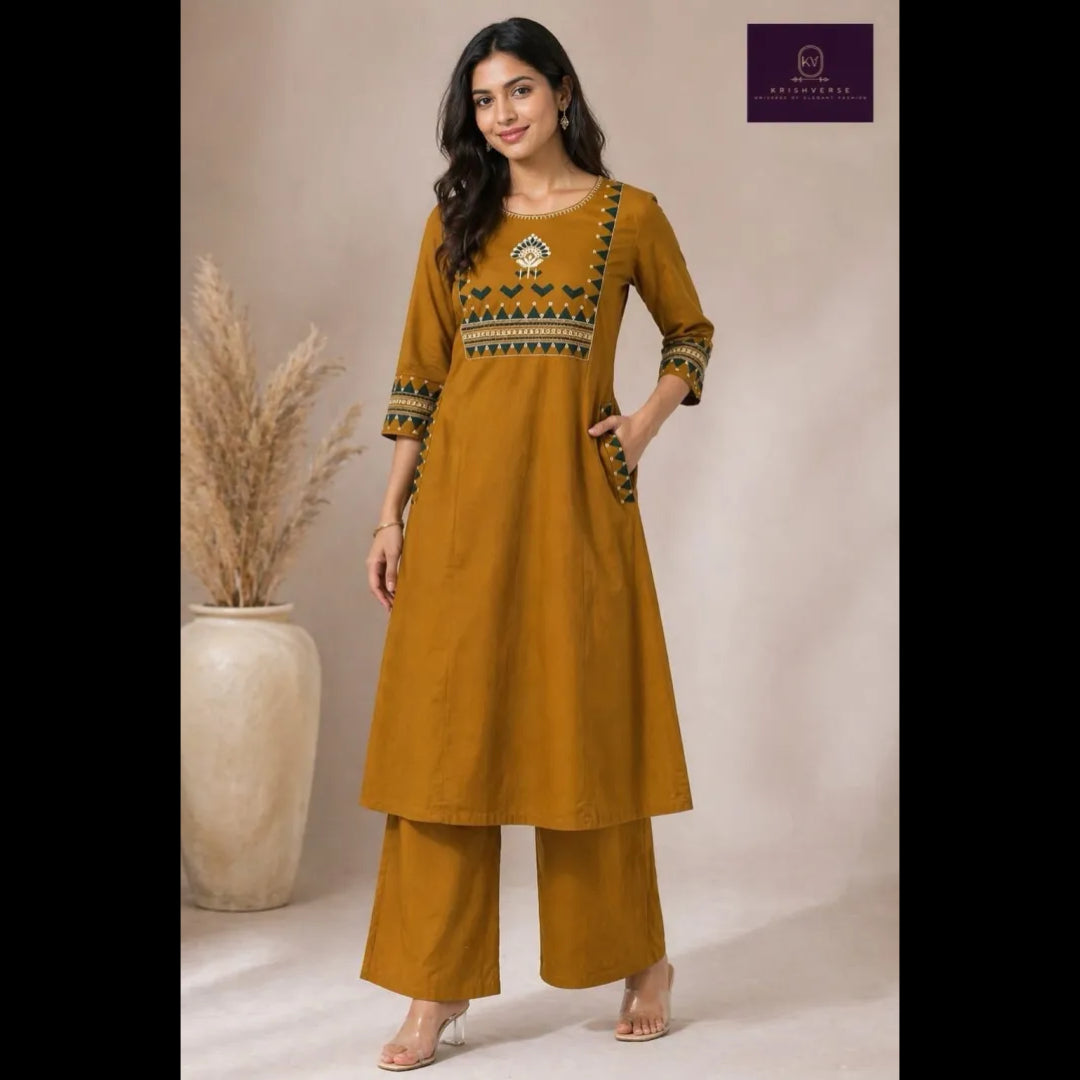 Mustard Yellow Cotton Kurta Set (Office / Everyday Wear)