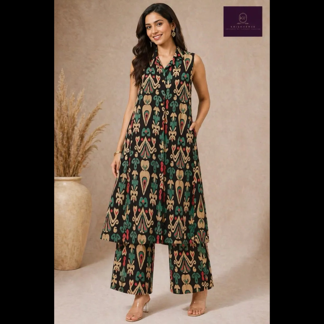 Handloom-Inspired Ikat Print| Navy Blue Kurta Set – Effortless Everyday Elegance