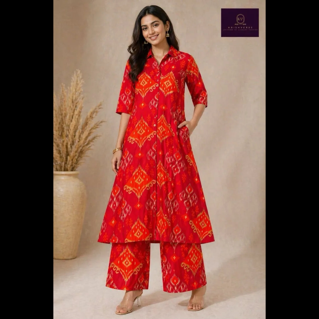 Red & Orange Ikat Print A-Line Kurta Set for Women – Premium Ethnic Wear