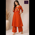 Rust Orange Floral 4D Effect Embroidered Kurta Set (Elegant Workwear)