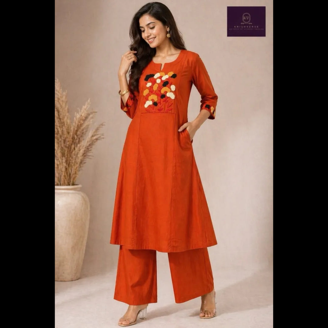 Rust Orange Floral 4D Effect Embroidered Kurta Set (Elegant Workwear)