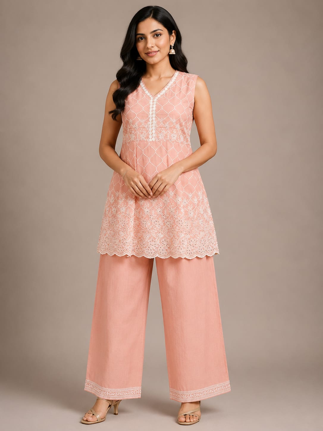 Peach Hakoba Embroidered Sleeveless Co-ord Set