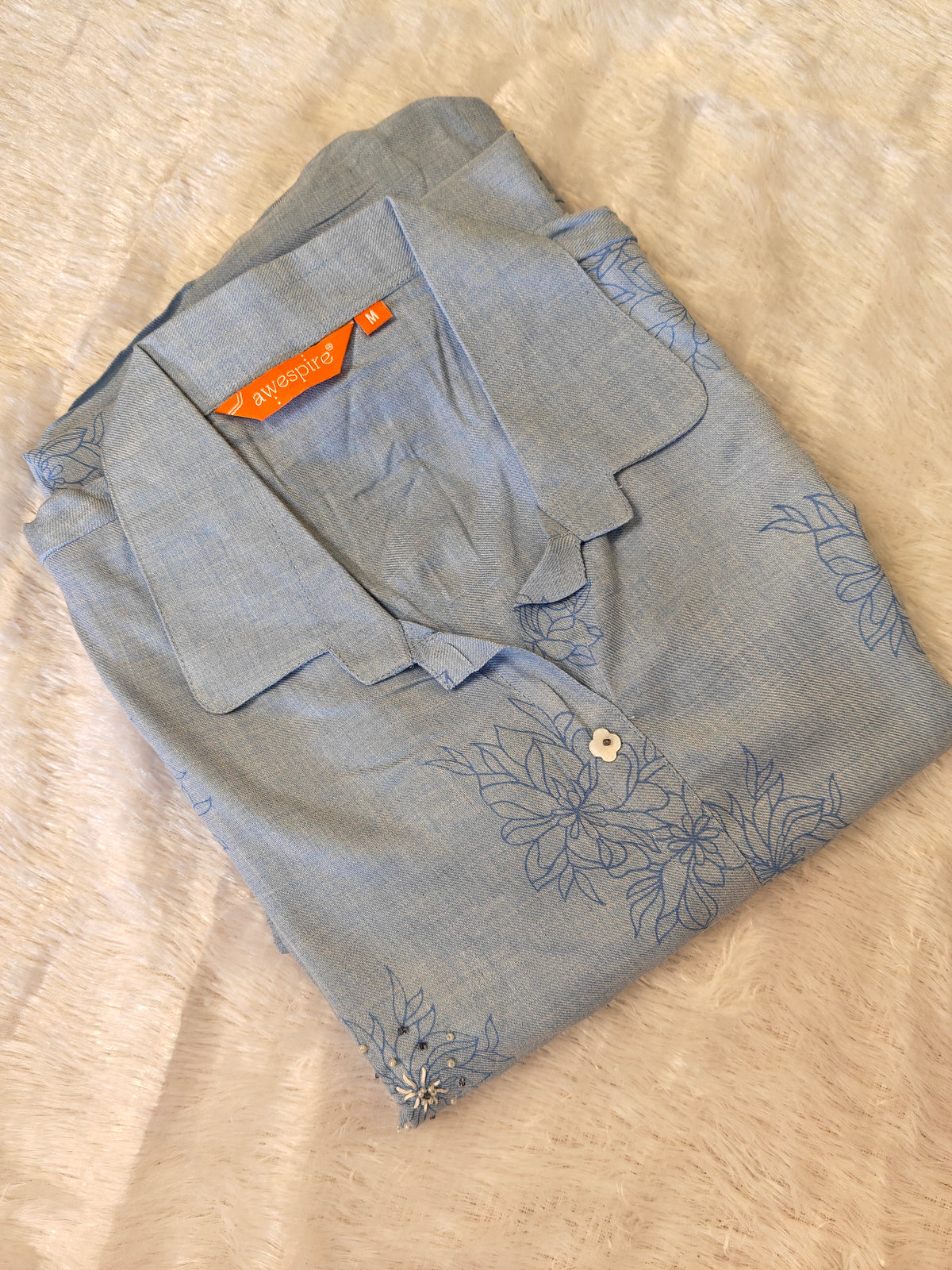 Aqua Blue Cord Set | Premium Linen Fabric | Elegant Tread & Beads Work