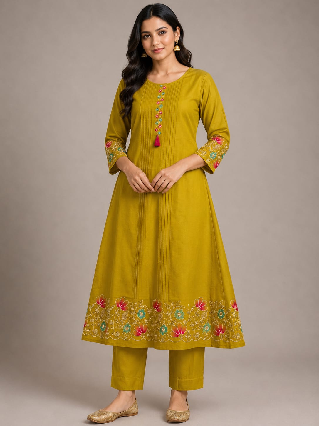 Women's Olive Green Embroidered A-Line Kurta Set | 2-Piece Ethnic Wear