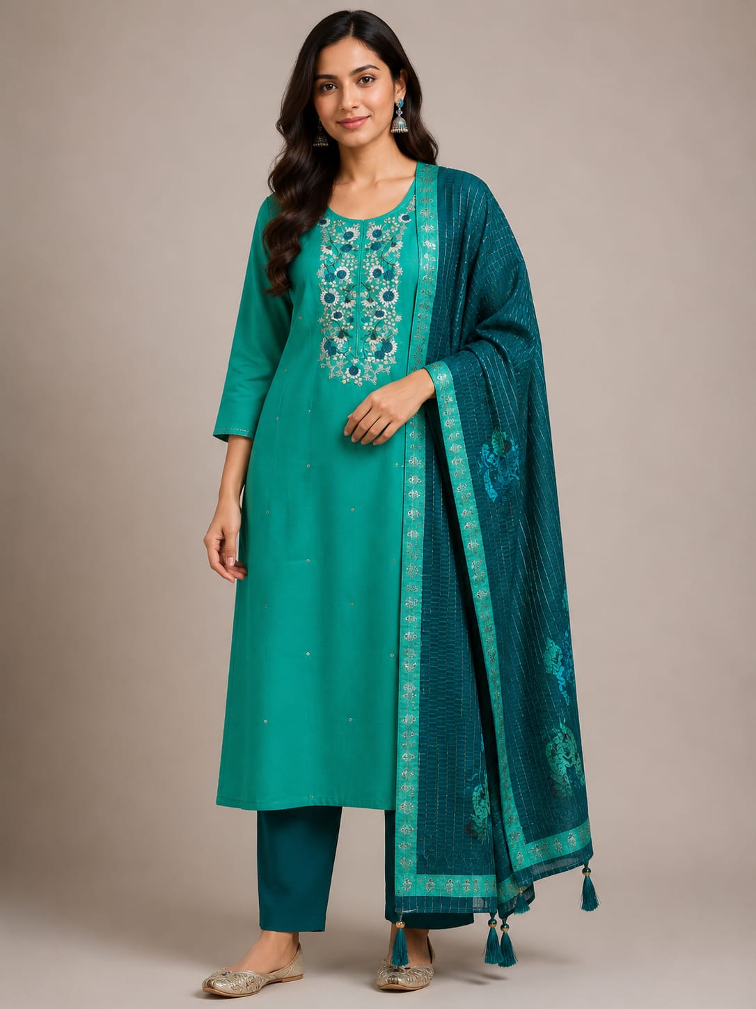Women's Teal Embroidered Kurta Set with Dupatta | 3-Piece Ethnic Wear