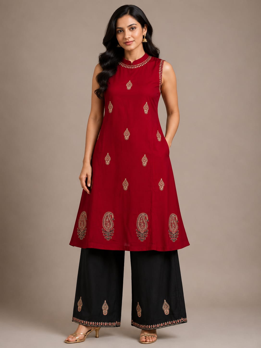 Maroon Paisley Printed A-Line Kurta Set (Radiant Festive Wear)  Description: