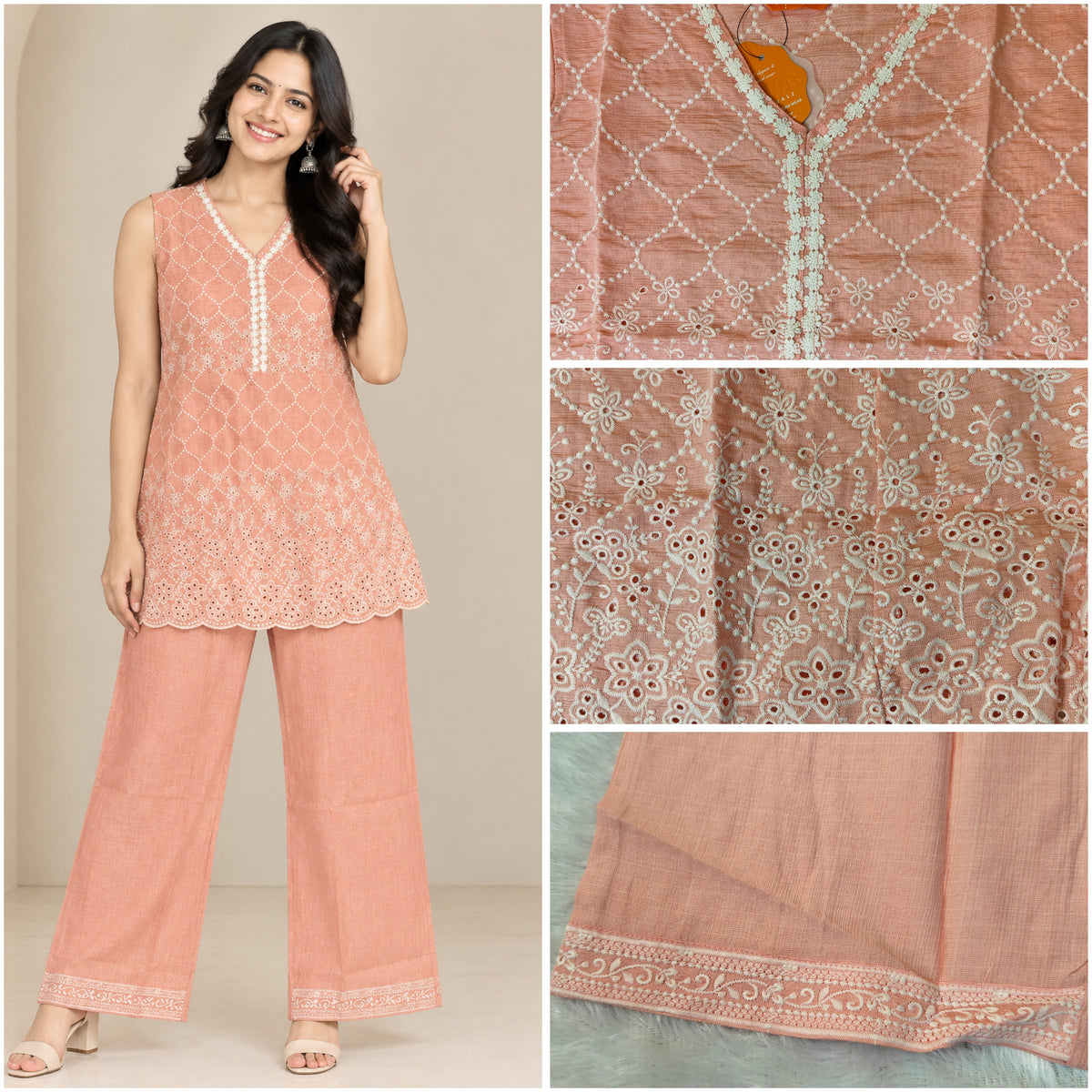 Blush Peach Colour Cord Set | Premium Vatican Fabric | Hakoba Embroidery
