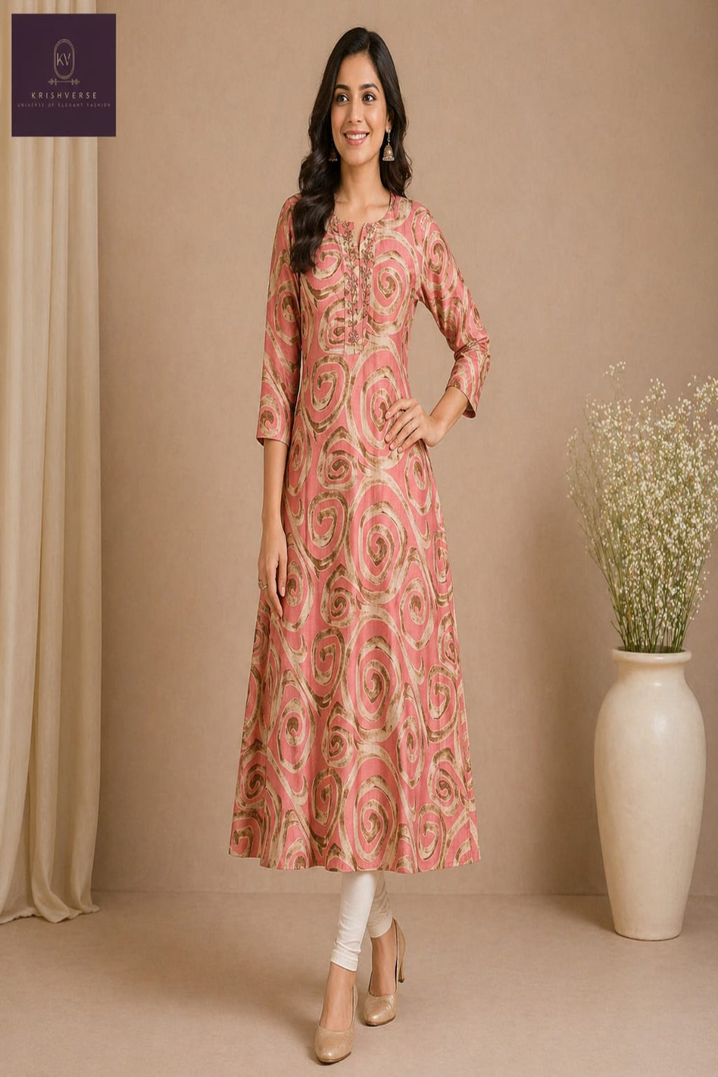 Pink Swirl Printed A-Line Kurta