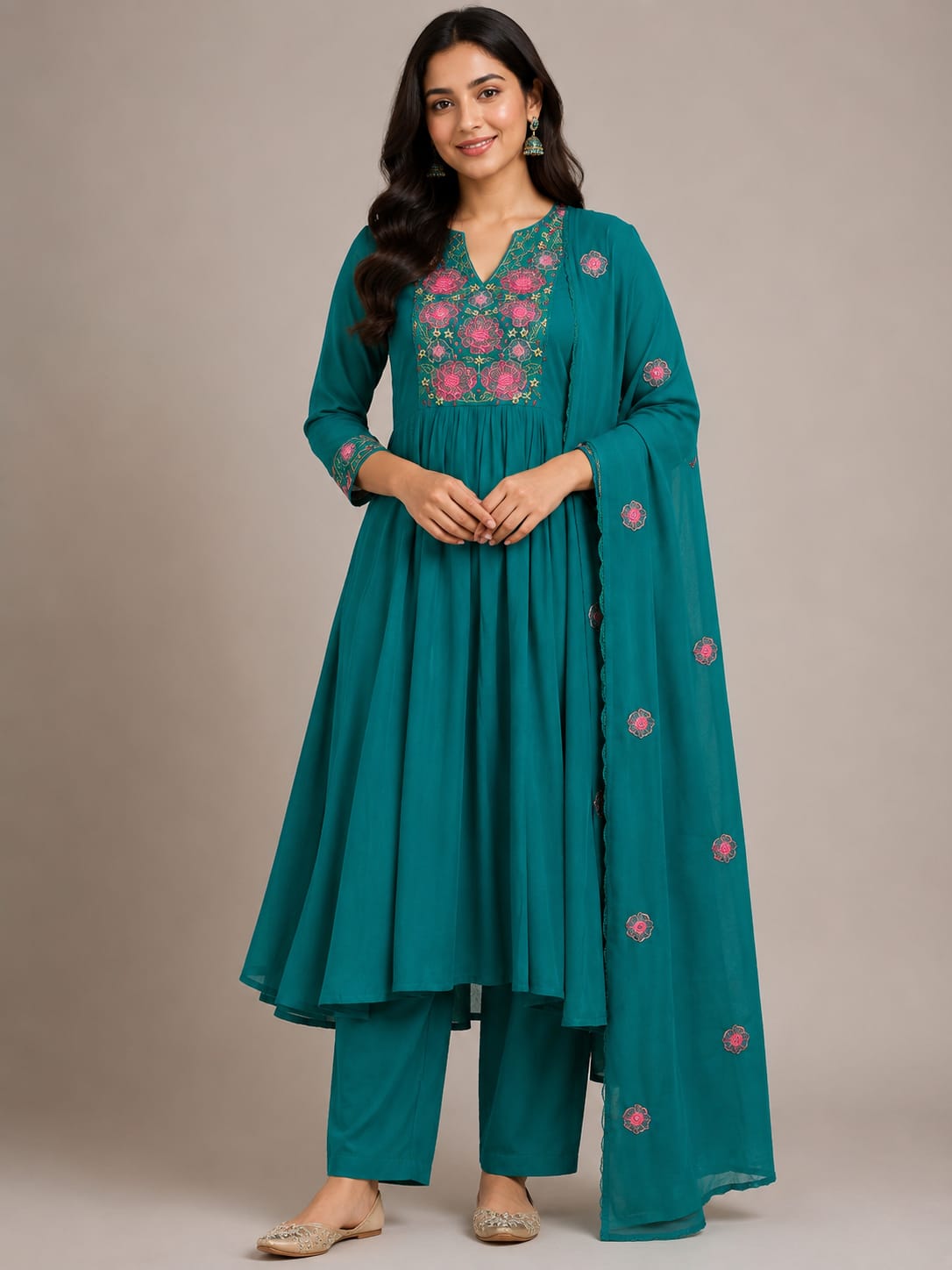 Women's Teal Green Soft Silk Embroidered Anarkali Kurta Set with Dupatta | 3-Piece Ethnic Wear