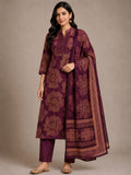Deep Wine Floral Printed 3-Piece Kurta Set (Classic Festive Elegance)