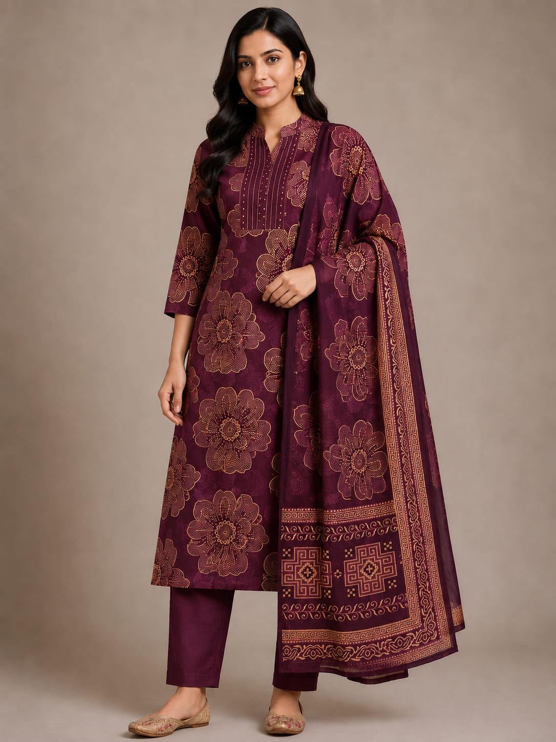 Deep Wine Floral Printed 3-Piece Kurta Set (Classic Festive Elegance)