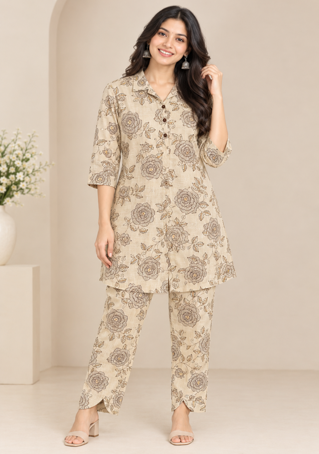 A woman models a two-piece beige and brown floral print kurta set in a neutral indoor setting with a beige archway background.