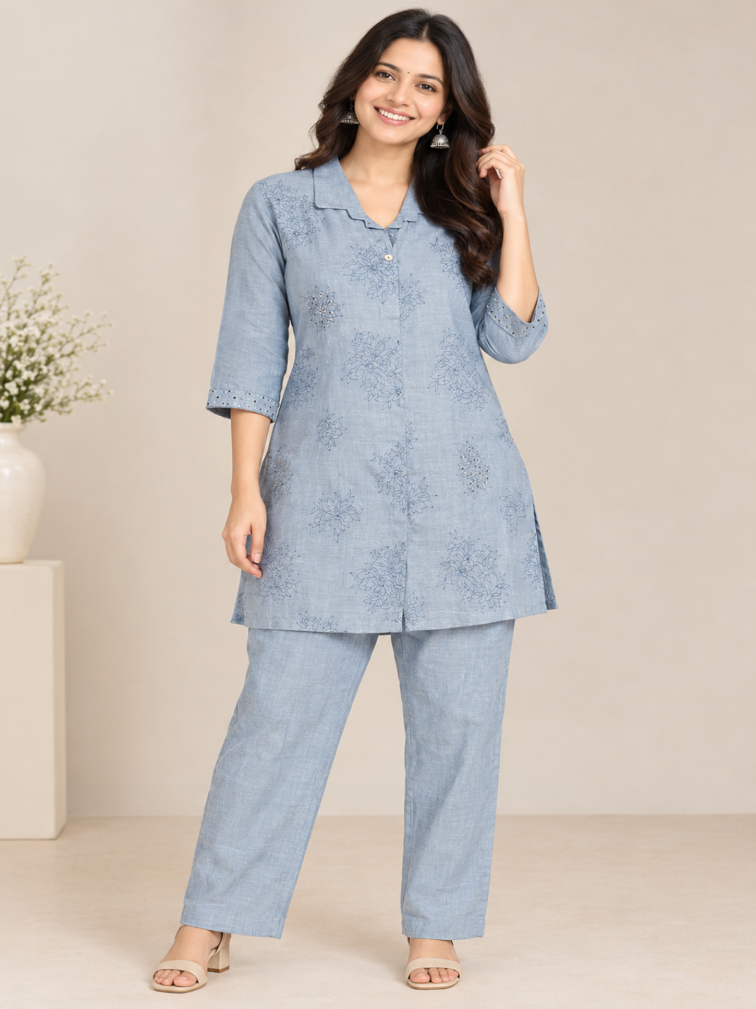 Aqua Blue Cord Set | Premium Linen Fabric | Elegant Tread & Beads Work