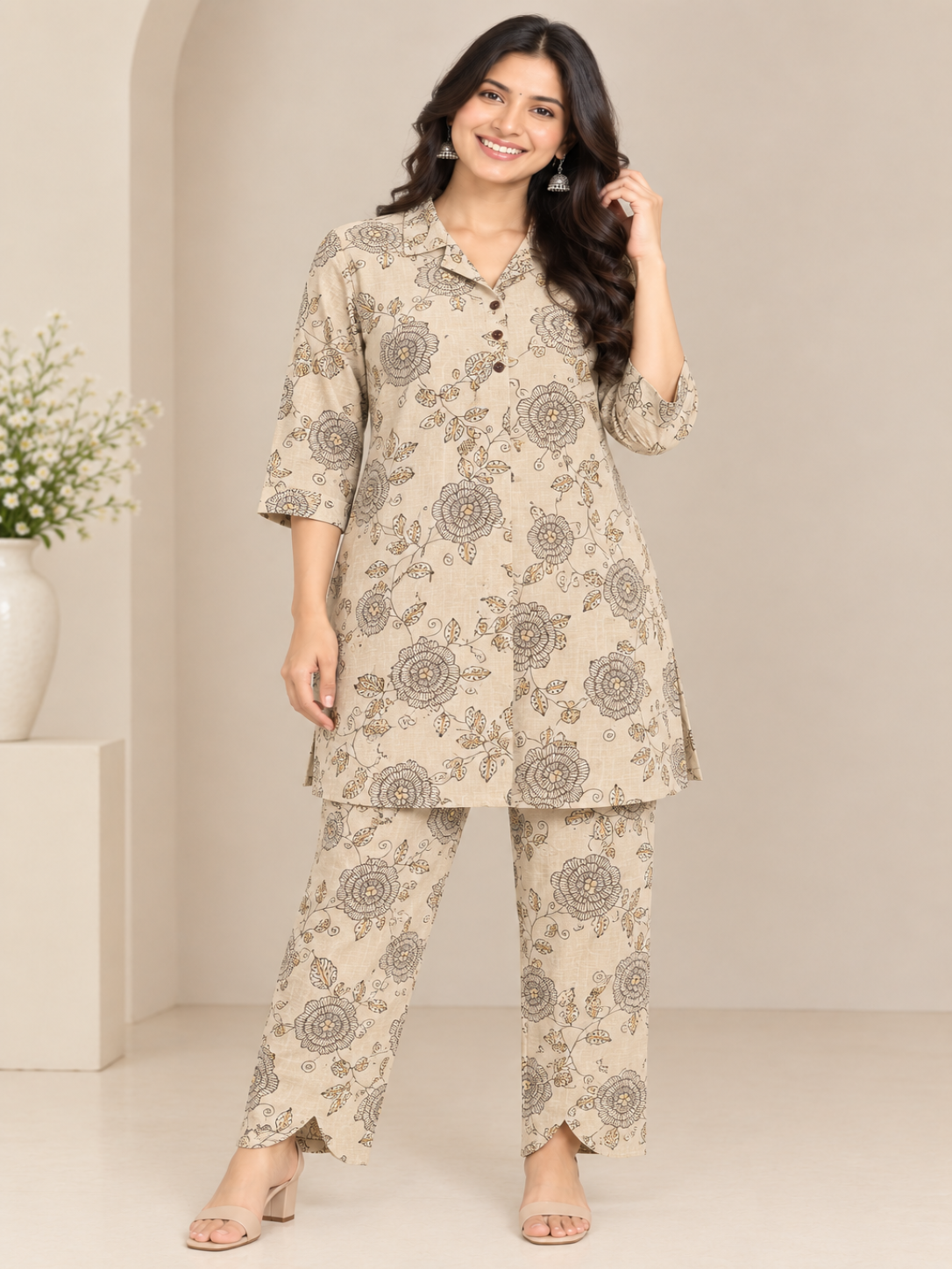 A woman modeling a beige and brown floral print kurta set with matching pants in a minimalist indoor setting.