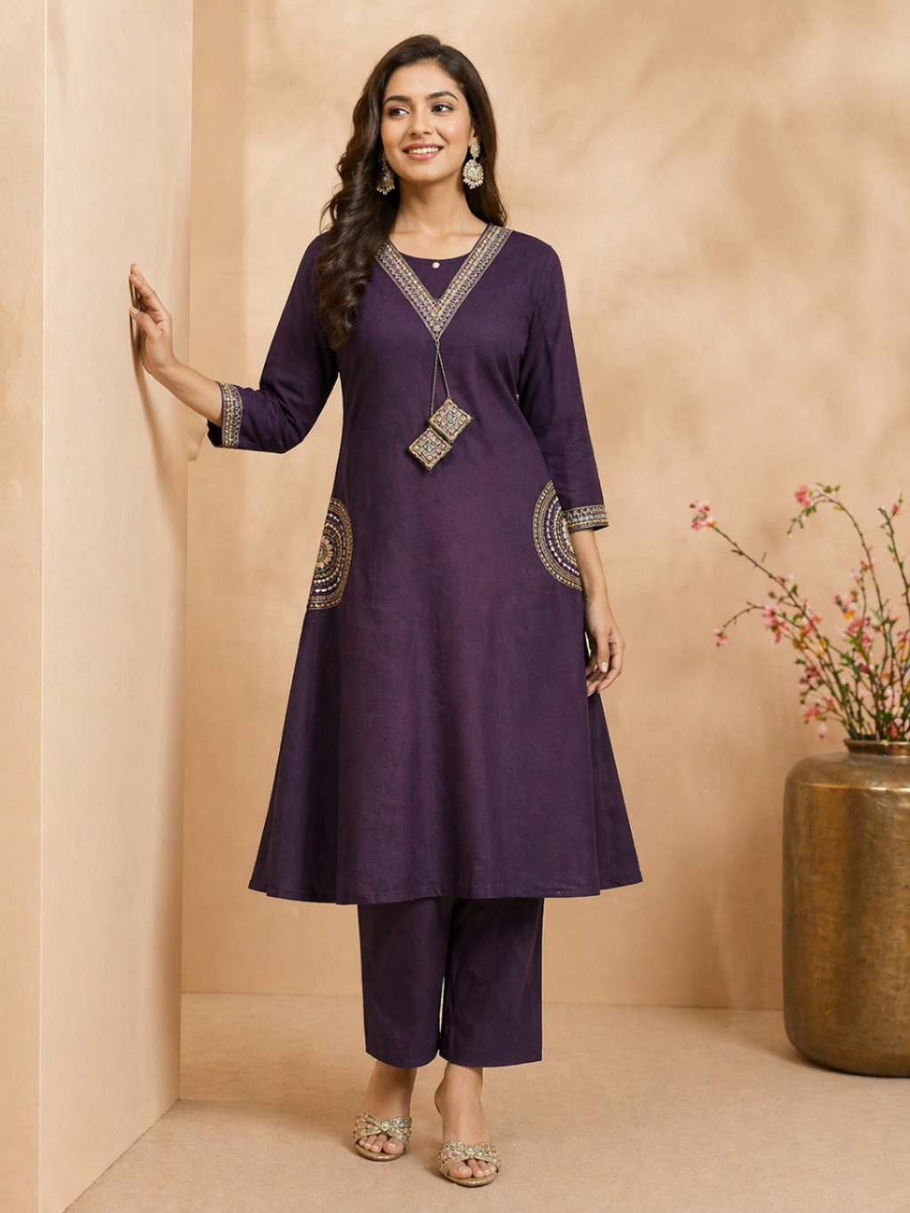 A woman models a deep purple three-piece Indian ethnic suit set consisting of a straight kurta, matching trousers, and a silver-toned chain necklace with a decorative pendant. The kurta features gold embroidery on the neckline, cuffs, and side pockets.