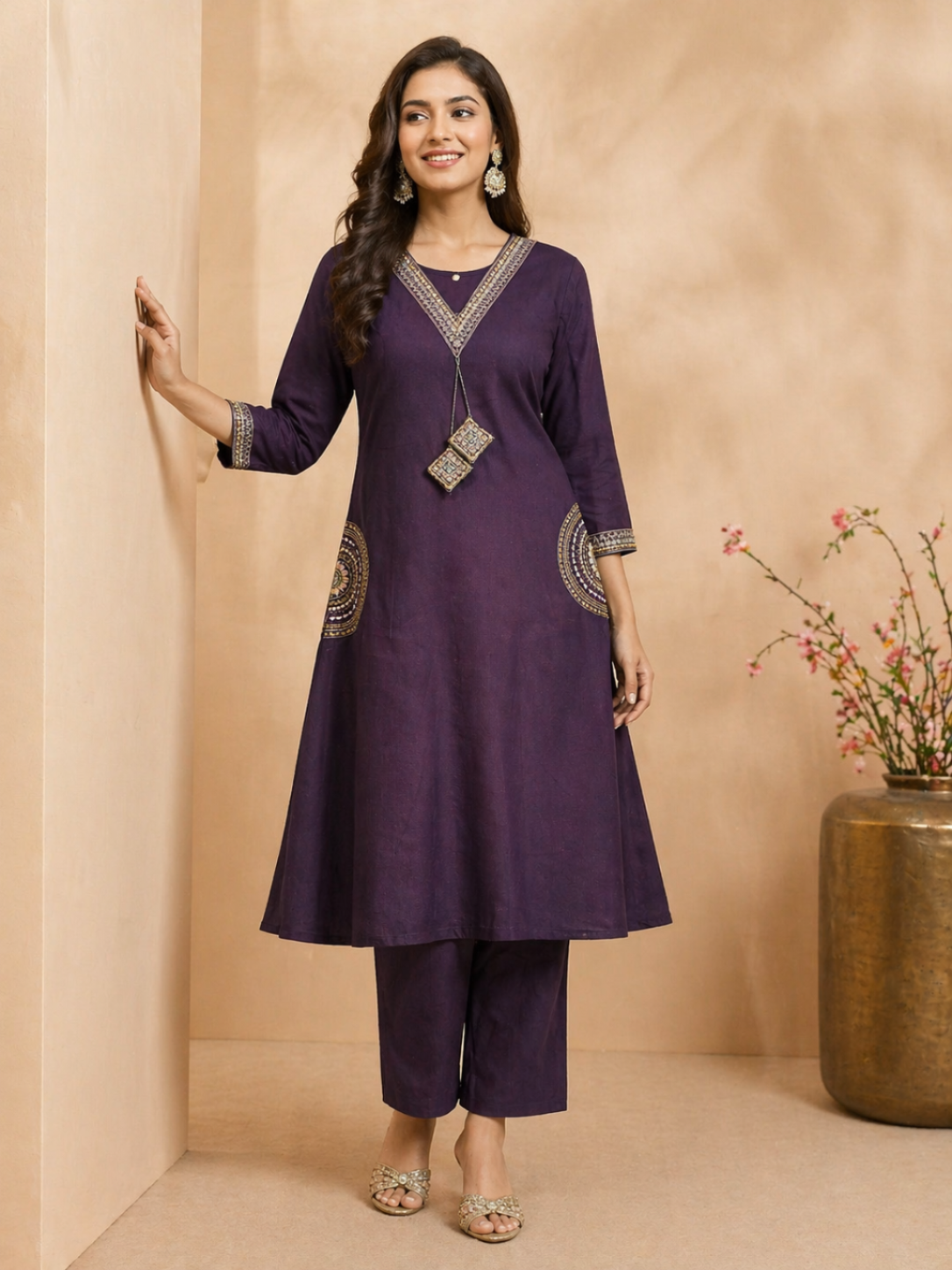 A woman models a deep purple three-piece Indian ethnic suit set consisting of a straight kurta, matching trousers, and a silver-toned chain necklace with a decorative pendant. The kurta features gold embroidery on the neckline, cuffs, and side pockets.