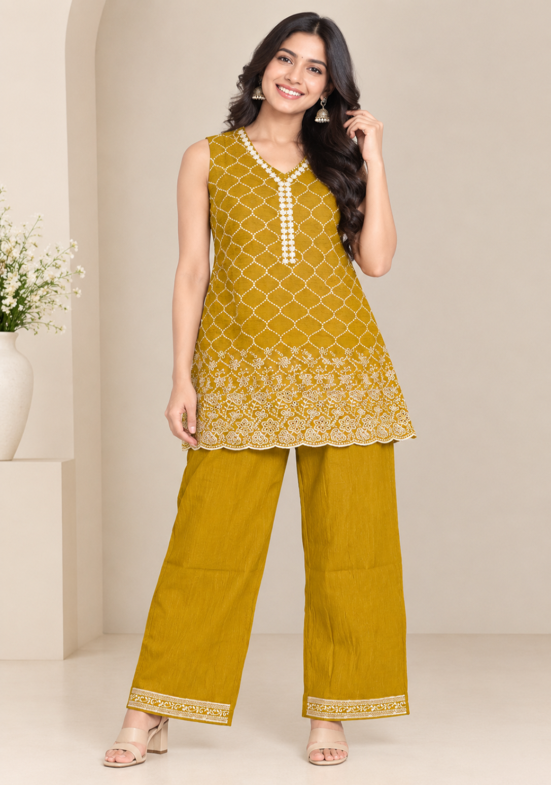 A woman models a mustard yellow two-piece kurta set with white embroidery, featuring a sleeveless tunic top and matching wide-leg pants, set against a neutral beige background.