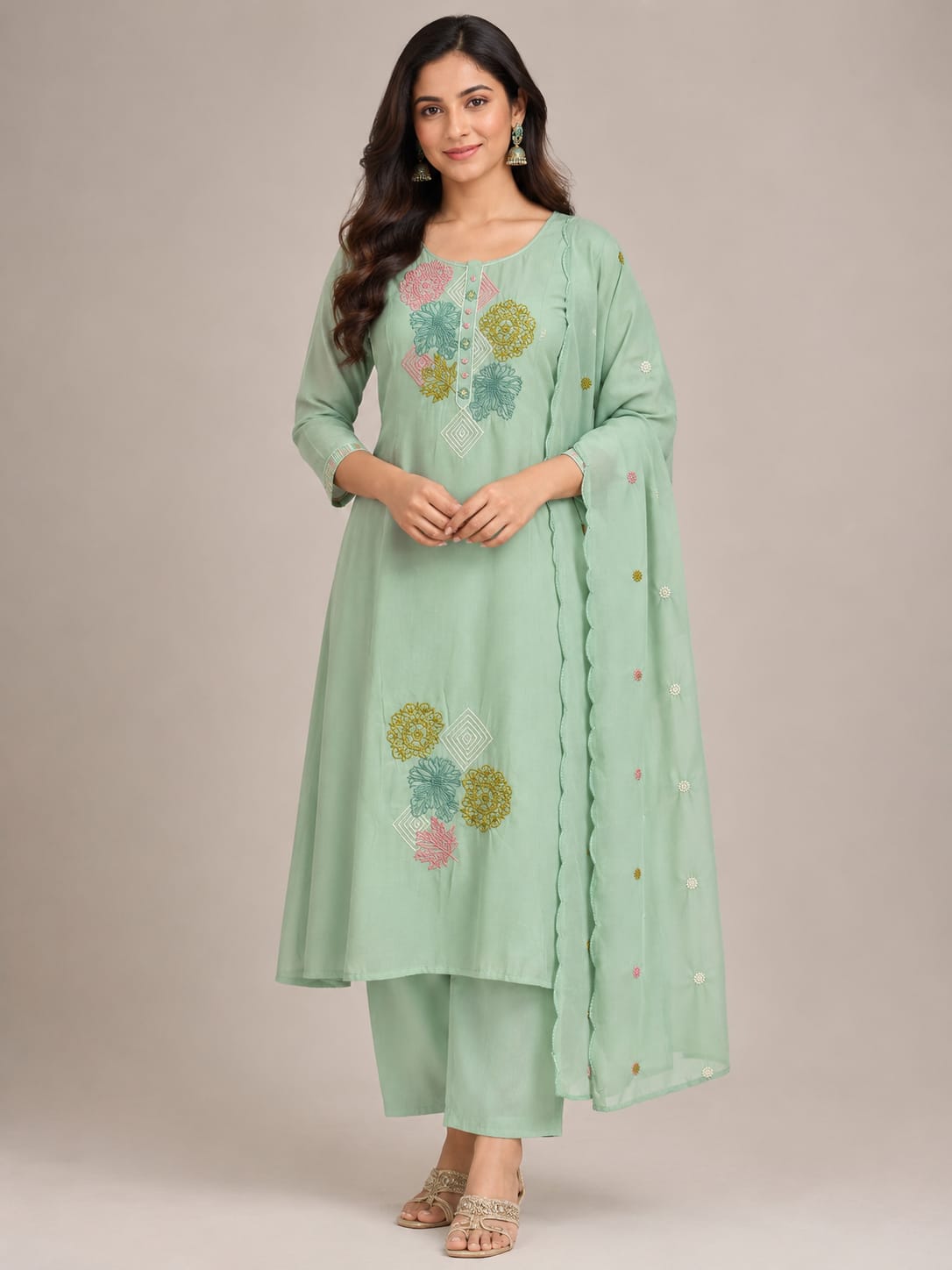 Women's Ocean Green Soft Cotton Floral Embroidered Kurta Set with Dupatta | 3-Piece Ethnic Wear