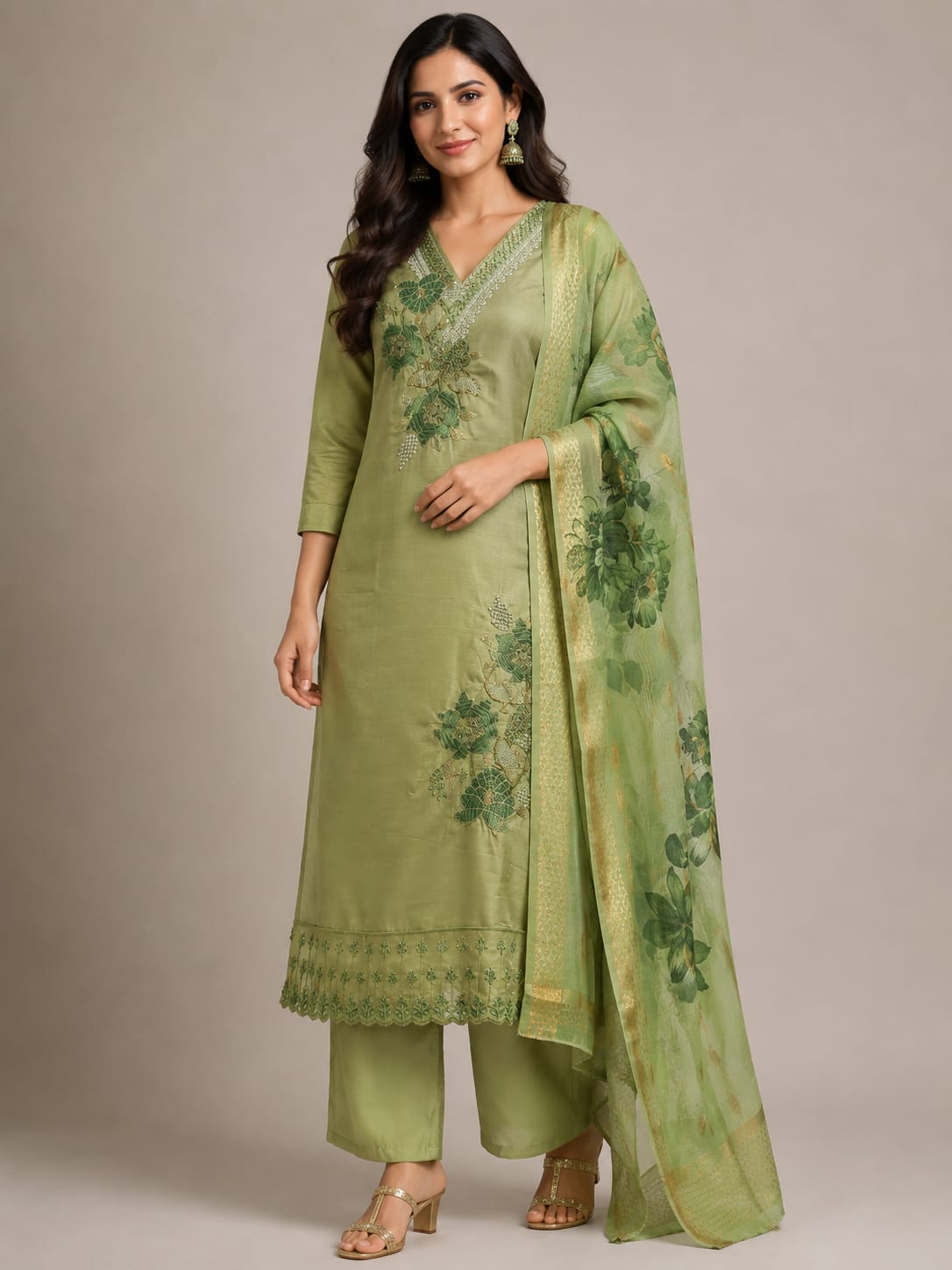 Women's Green Silk Cotton Embroidered Kurta Set with Dupatta | 3-Piece Ethnic Wear